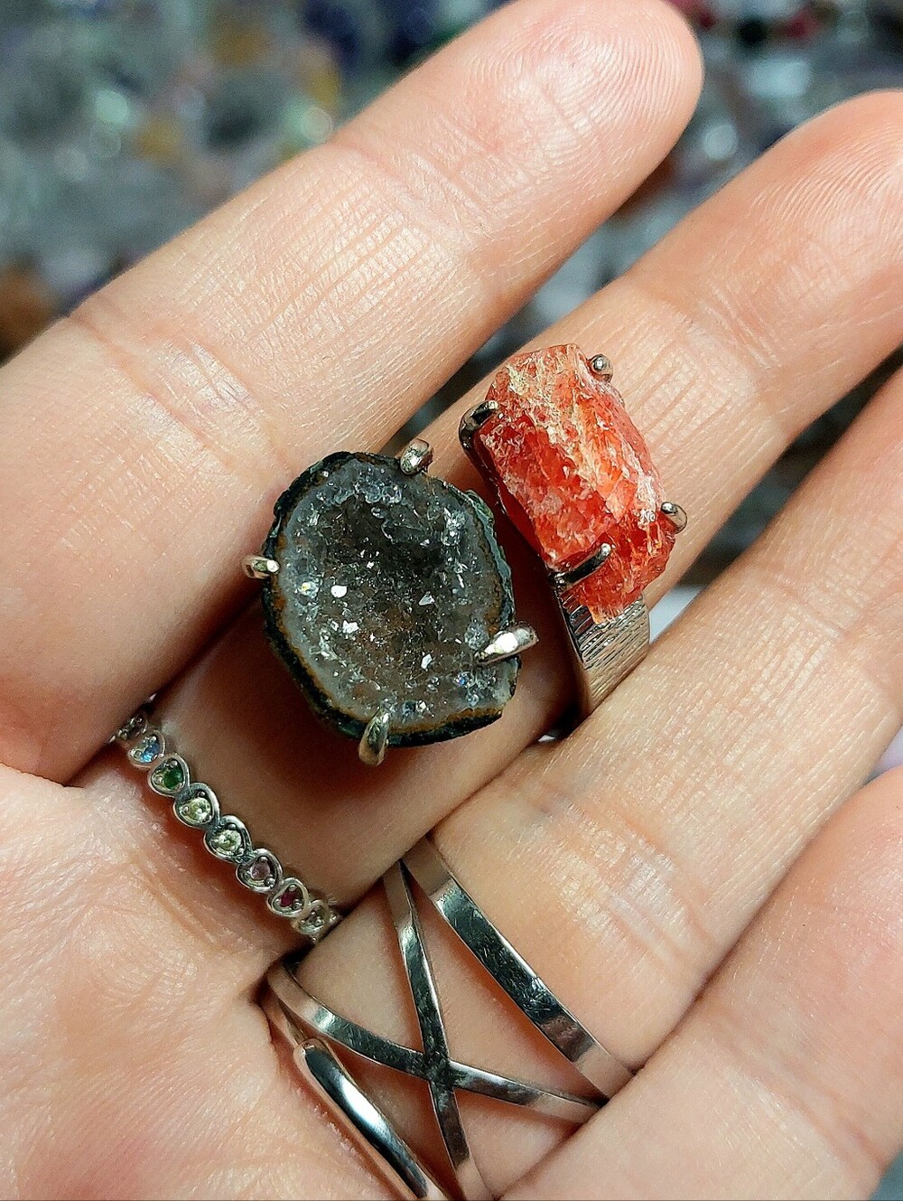 🪨⚒️ Duel Mini Tabasco Geode & Jelly Argentine Rhodochosite Specimen Copper Ring
